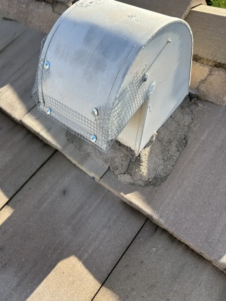 Rooftop vent cap covered with wire mesh screening and cement patching to block rodent entry