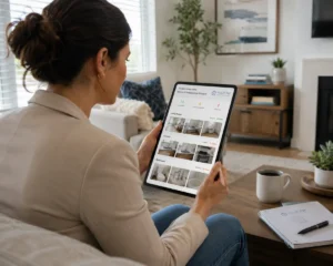 Property manager reviewing a digital move-in inspection report on a tablet in a bright living room