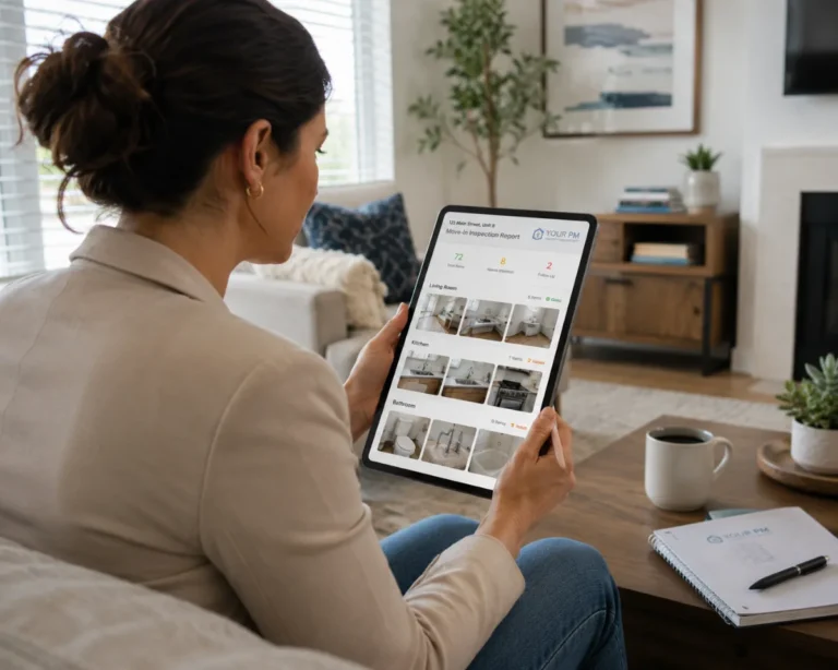 Property manager reviewing a virtual rental inspection report for early pest detection